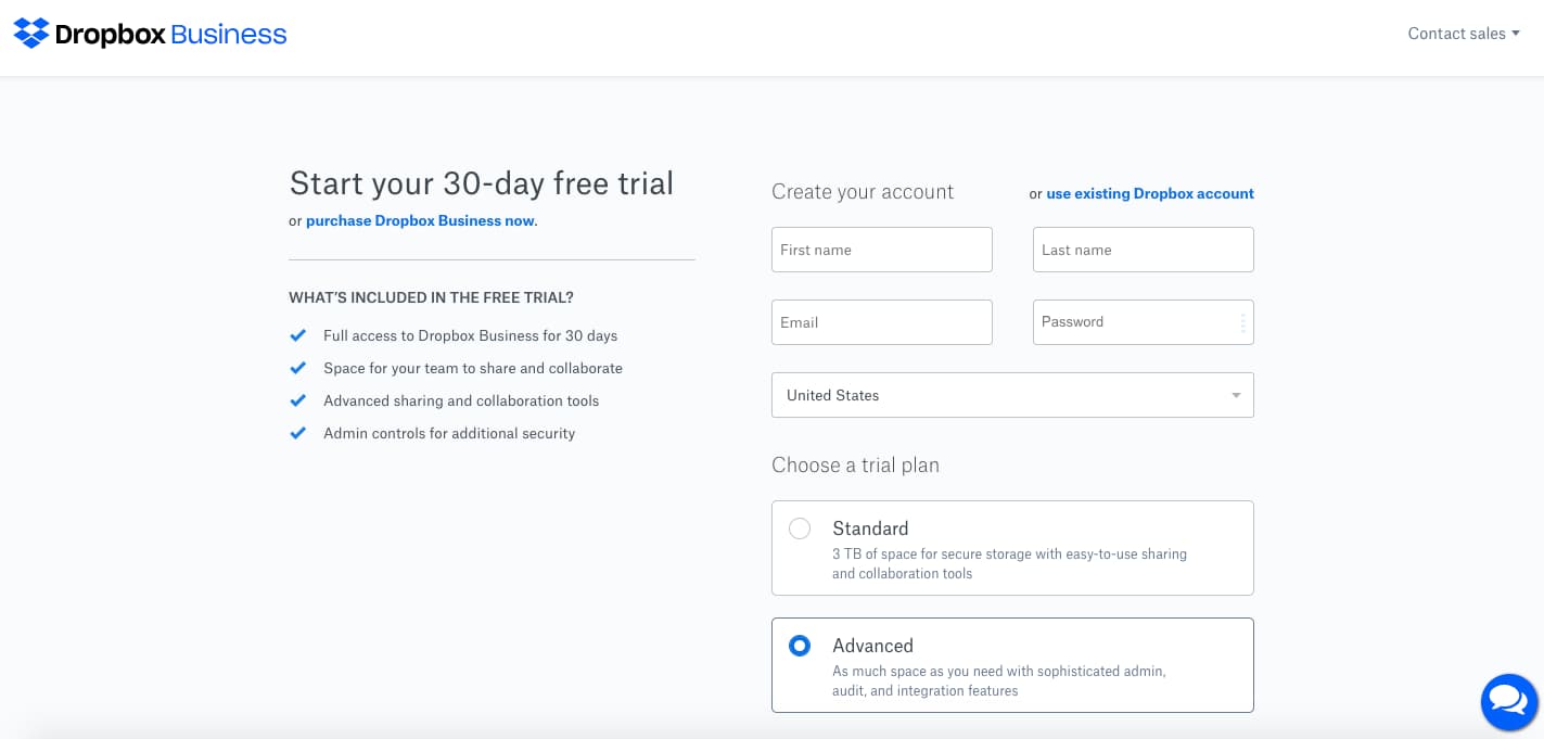 Dropbox sign up page Dropbox sign up page