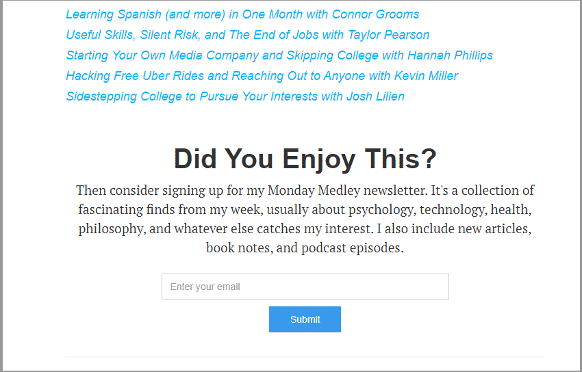 newsletter signup promote podcast by prioritizing email sign ups